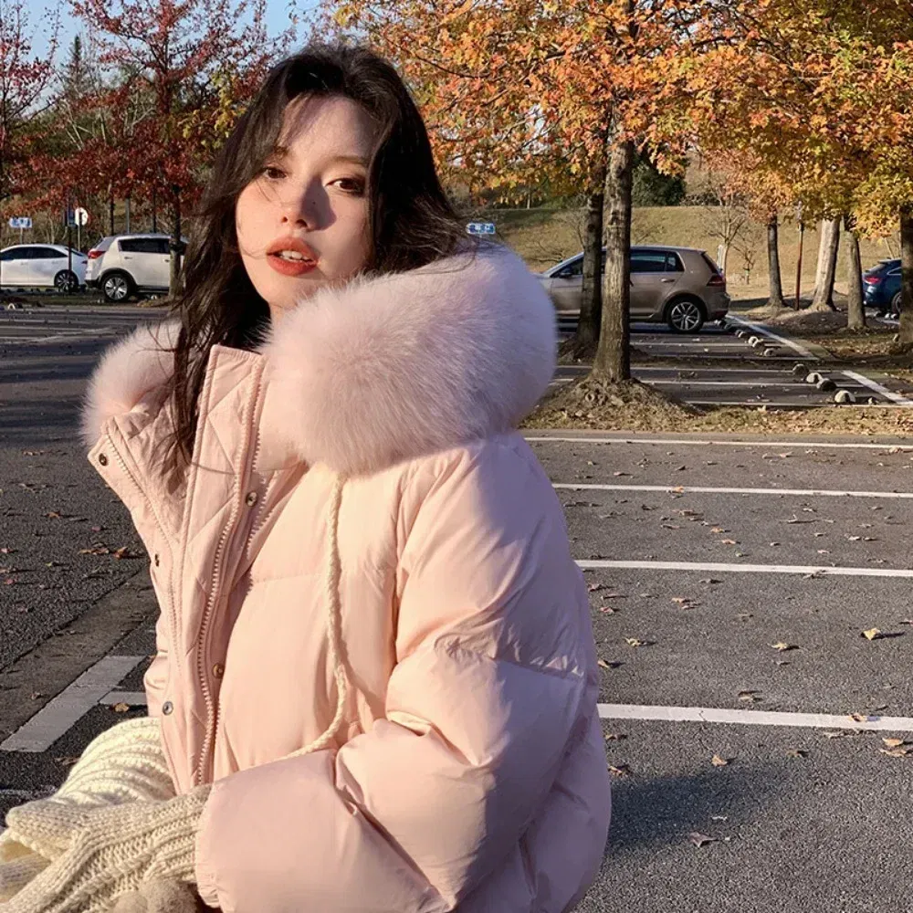 Color: Blue, Size: S - Short Loose Coat 2024 Winter New Fashion White Duck Down Coat for Women Down Coat Real Big Fur Collar Hooded Coat for Women