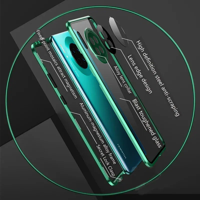 Color: green, Material: Microfiber - Double Sided Glass Magnetic Metal Snap Lock Phone Case For Honor Magic 4 5 Ultimate 6 Lite 7 Pro Lens Protection Cover Cases