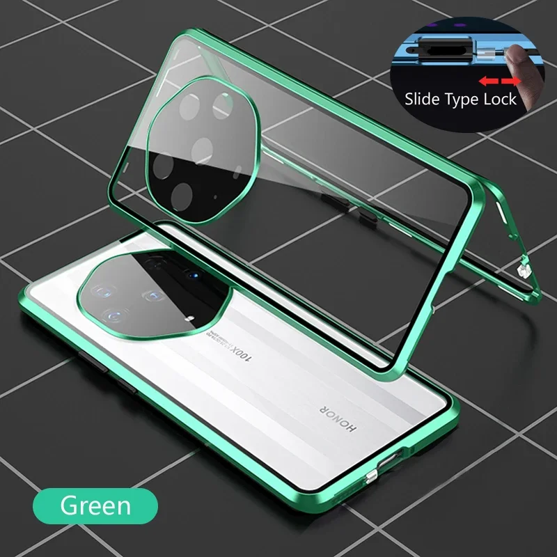 Color: green, Material: Microfiber - Double Sided Glass Magnetic Metal Snap Lock Phone Case For Honor Magic 4 5 Ultimate 6 Lite 7 Pro Lens Protection Cover Cases