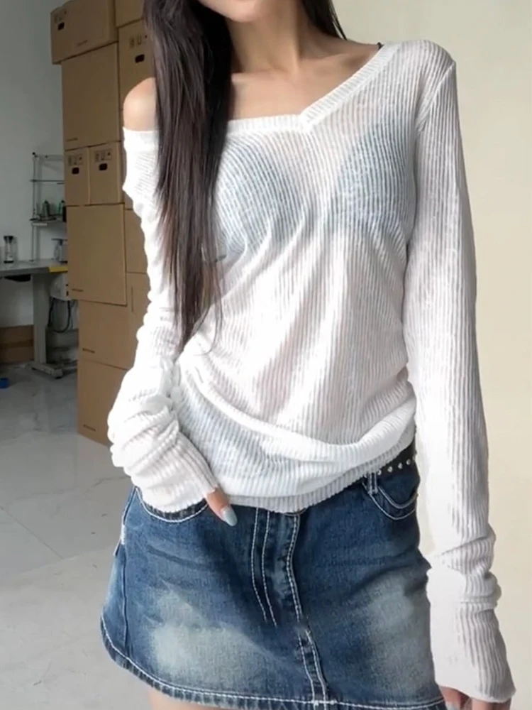 Color: Dark Grey, Size: L - Women Long Sleeve T Shirt Thin Perspective Summer Solid Slim Casual Shirts Female Pullovers Basic Tee Y2k Clothes Streetwear Top