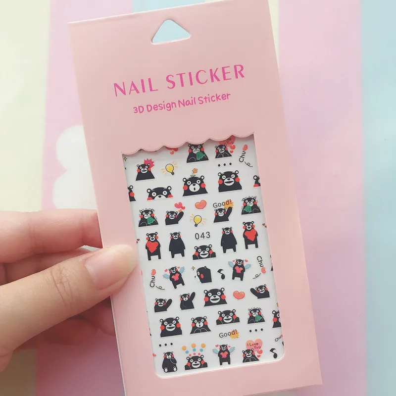 Color: Gray White - 1PCS Hello Kitty 3D Nail Stickers Press on Nails Mickey Mouse Donald Duck Stitch Cartoon Stickers Nail Art Decoration
