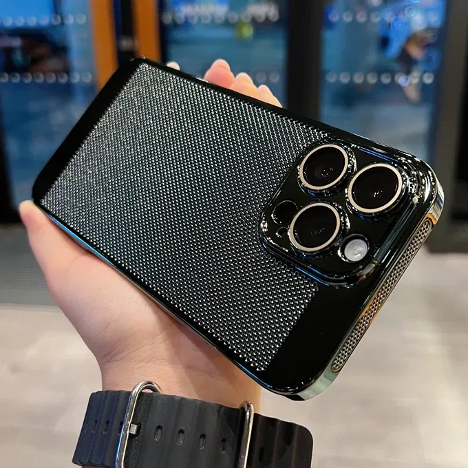 Color: Gold, Material: Carbon Fiber - Luxury Plating Hollowed Out Case for iPhone 12 13 Mini 11 14 Pro Max X XR Xs Max 7 8 Plus Heat Dissipation Shockproof Lens Cover