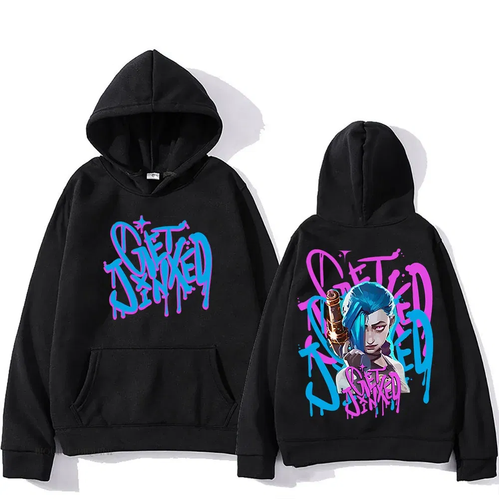 Color: green, Size: XXL - Arcane Jinx Cute Hooded Anime Print Harajuku Kawaii Sweatshirt Long-sleeved Cartoon Fleece Clothes Moletom Fashion Pullovers