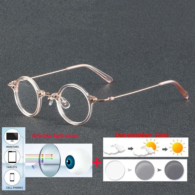 Frame Color: GRAY, Eye Prescription: +400 - VCKA Anti-blue Discolor Acetate+Titanium Myopia Glasses Frames Small Round Men Prescription Optical Women Eyewear -0.50 to -10.0
