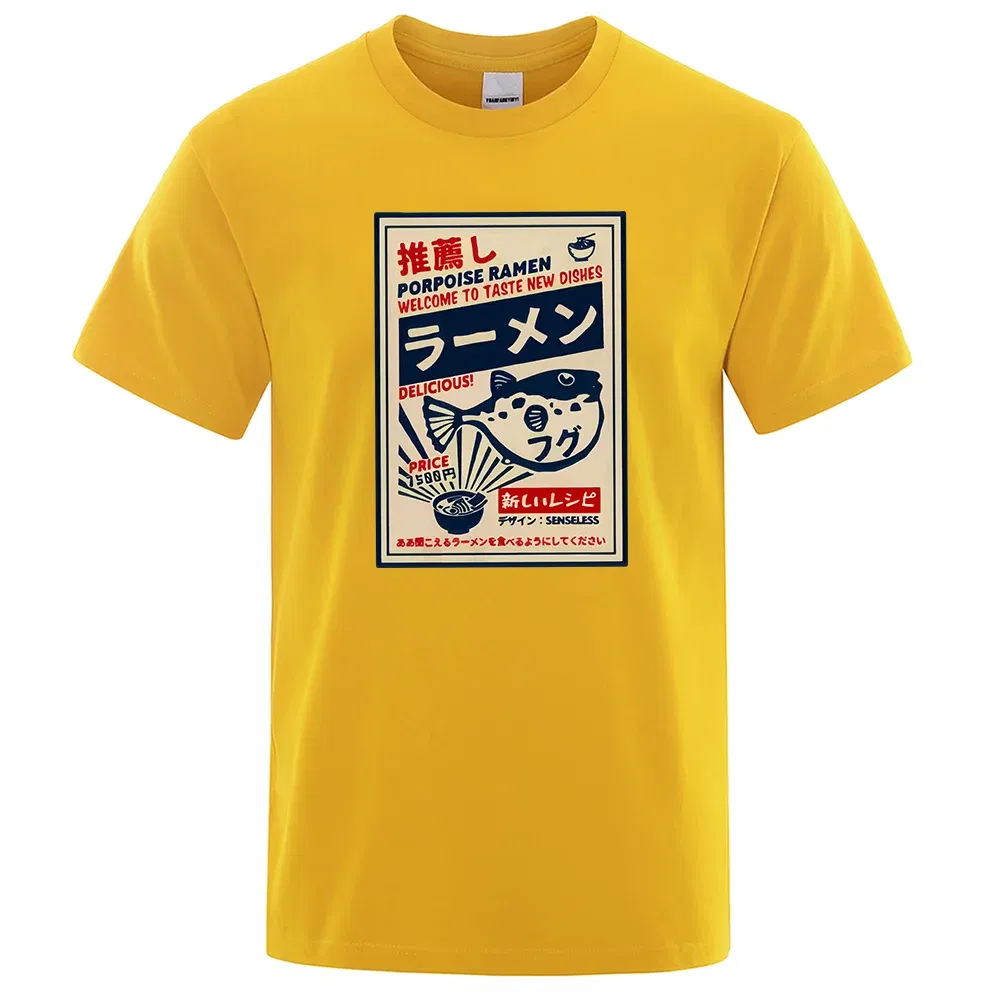 Color: SKY BLUE, Size: L - Puffer Fish Ramen Japanese Menu Poster Tshirt Men Funny Fashion Tee Clothes Comfortable Oversize T Shirt Casual Cotton T-Shirts