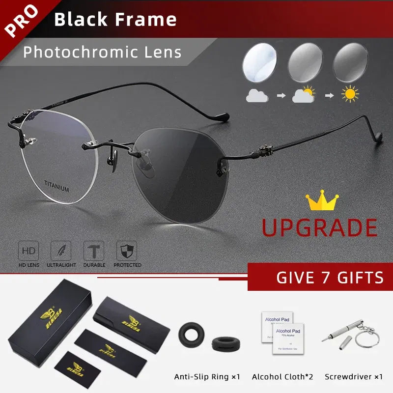 Frame Color: GRAY, Eye Prescription: 0 - BLMUSA Pure Titanium Rimless Anti-blue Light Reading Glasses for Men Round Photochromic Optical Prescription with MR-8 lens