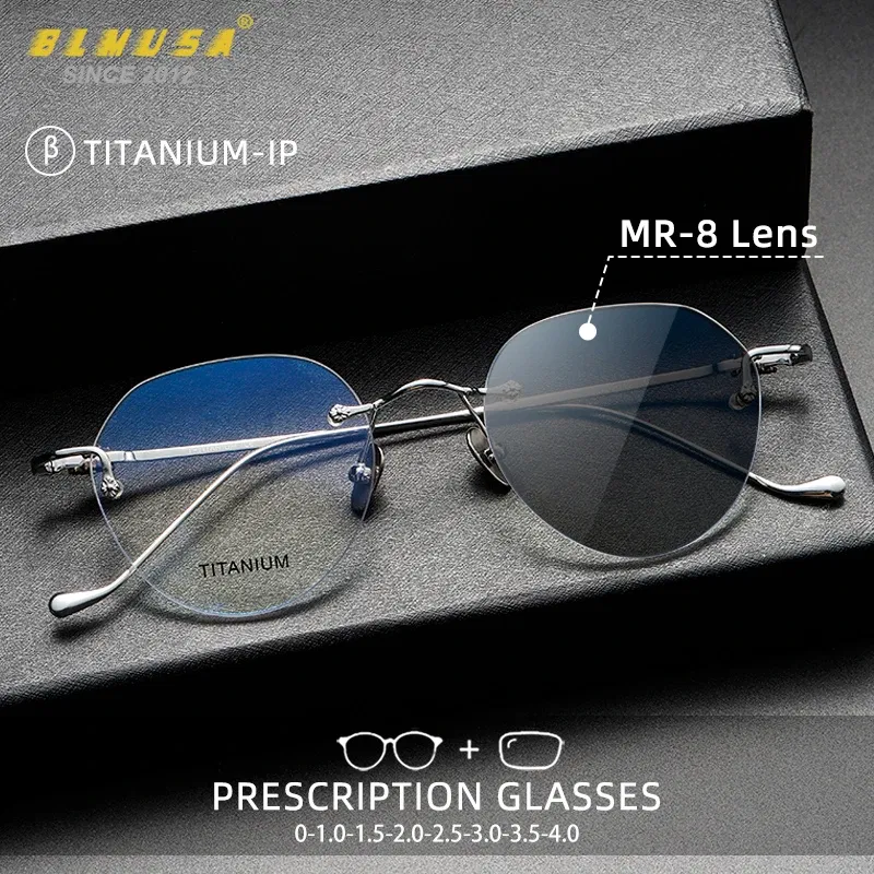 Frame Color: GRAY, Eye Prescription: 0 - BLMUSA Pure Titanium Rimless Anti-blue Light Reading Glasses for Men Round Photochromic Optical Prescription with MR-8 lens