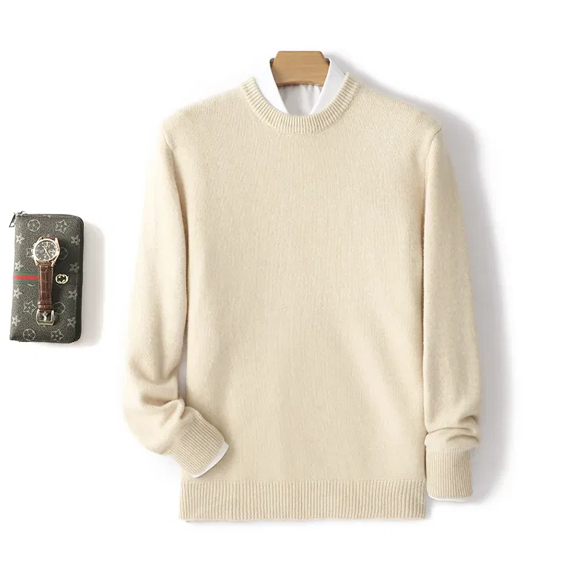 Color: Beige, Size: M, Ships From: CHINA - Men's 100% Pure Wool Cashmere Sweater O-Neck Pullover Knit Sweater Autumn and Winter New Long Sleeve High-End Jumpers Thick Tops
