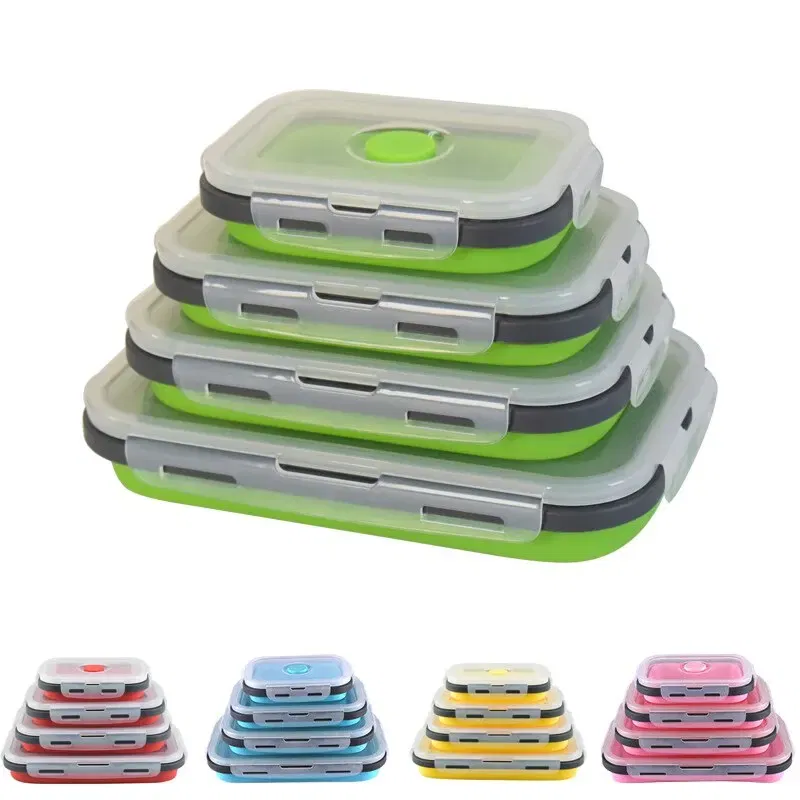 Number of Tiers: 1-tier, Color: Red - 4PCS Foldable Silicone Lunch Box Portable Microwave Heated Lunch Box Square Silicone Preservation Box Kitchen Supplies