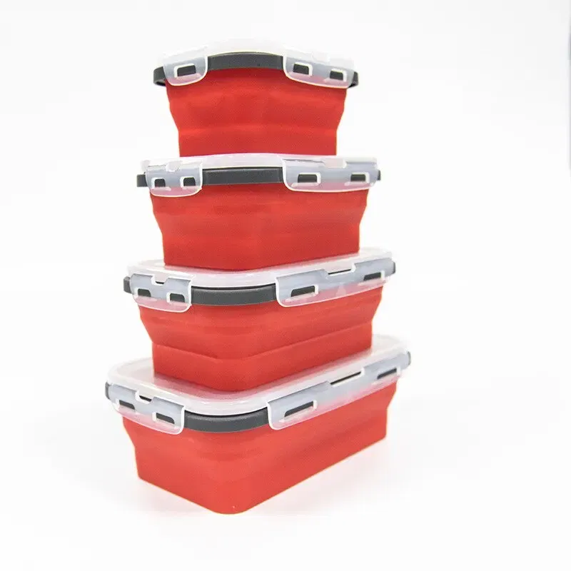 Number of Tiers: 1-tier, Color: Red - 4PCS Foldable Silicone Lunch Box Portable Microwave Heated Lunch Box Square Silicone Preservation Box Kitchen Supplies
