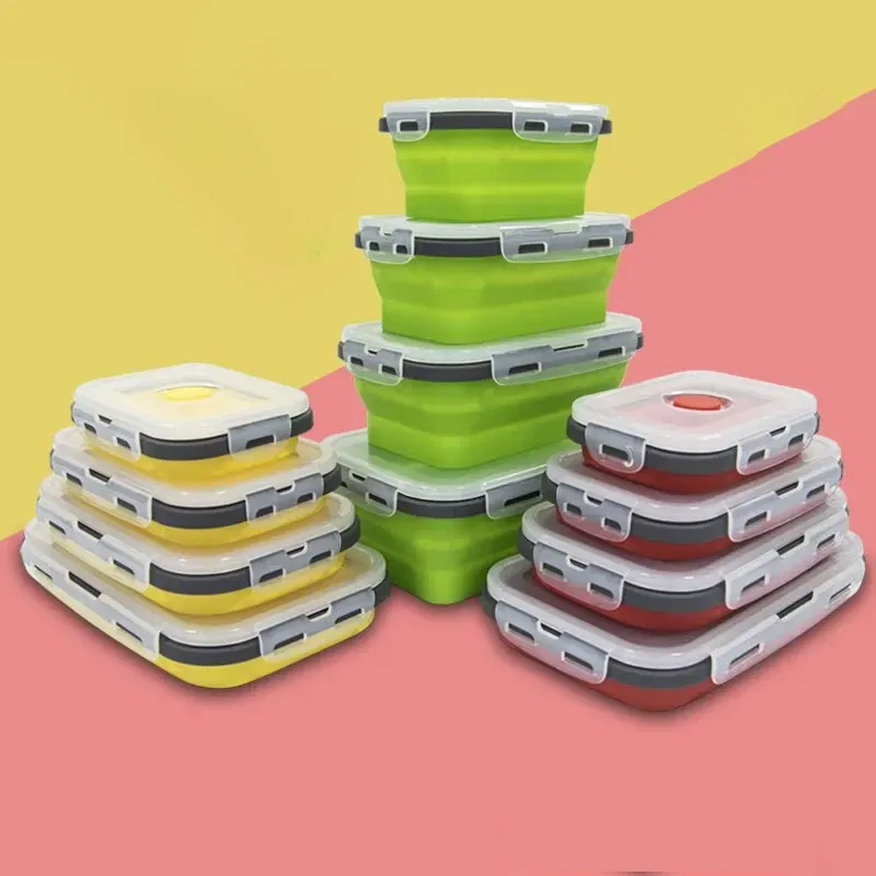 Number of Tiers: 1-tier, Color: Red - 4PCS Foldable Silicone Lunch Box Portable Microwave Heated Lunch Box Square Silicone Preservation Box Kitchen Supplies