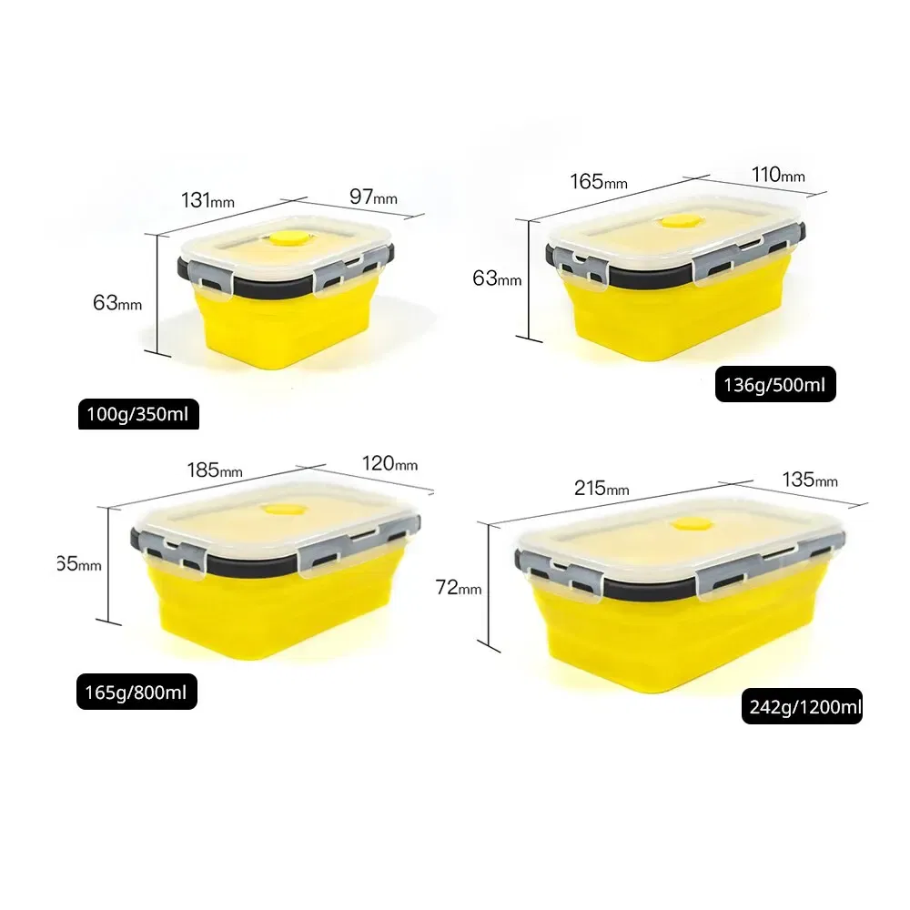 Number of Tiers: 1-tier, Color: Red - 4PCS Foldable Silicone Lunch Box Portable Microwave Heated Lunch Box Square Silicone Preservation Box Kitchen Supplies