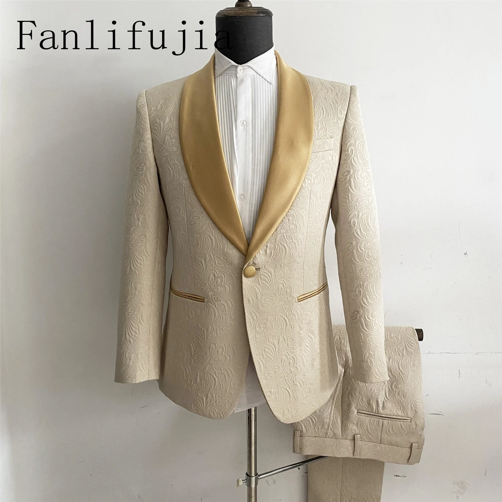 Color: Champagne, Size: XXL - Fanlifujia Mens Wedding Suits 2024 Italian Design Custom Made Champagne Smoking Tuxedo Jacket 2 Piece Groom Terno Suits For Men