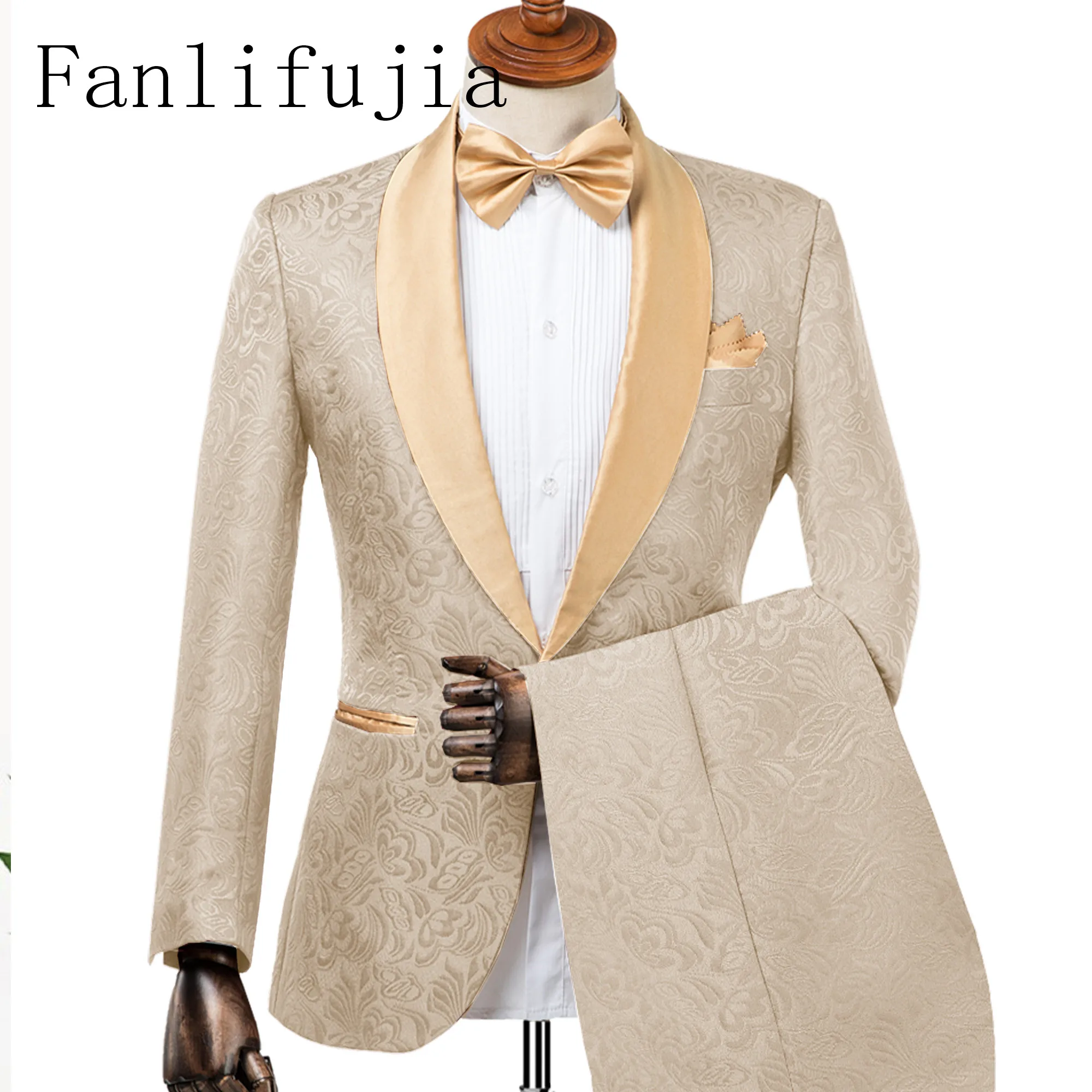 Color: Champagne, Size: XXL - Fanlifujia Mens Wedding Suits 2024 Italian Design Custom Made Champagne Smoking Tuxedo Jacket 2 Piece Groom Terno Suits For Men