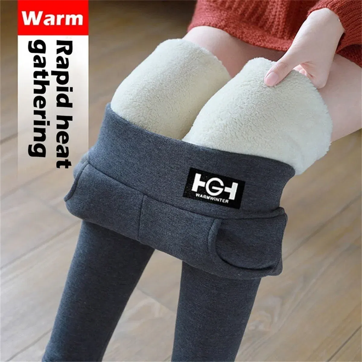 Color: Gold, Size: S - Winter Women Leggings Solid Warm Leggings Thicken Lambwool Hight Waist Fleece Keep Butt Lift High Stretchy Walking Pants Pocket