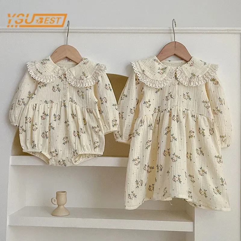 Color: WHITE, Size: Mother 4XL - Spring Baby Girls Long Sleeve Sweet Sisters Flower Print Dress Autumn Infant Rompers Kids Baby Girls Princess Clothes Rompers