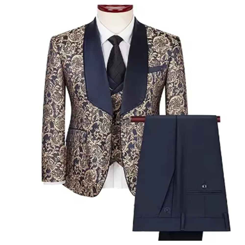 Color: Khaki, Size: XXL - Green Men's Suit 3-Piece, Wedding Party Dress Jacket with Vest & Trousers, Asian Size Slim Men Sets, Beige Black Blue Available