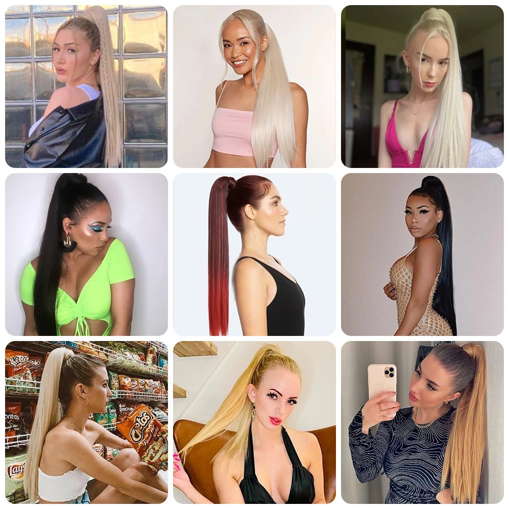 Color: T1B/Burgundy, Stretched Length: 22inches - AZQUEEN Straight Synthetic Hairpiece With Ponytail 85cm Super Long Wrap Around Clip In Hair Extensions Pony Tail For Daily Wear
