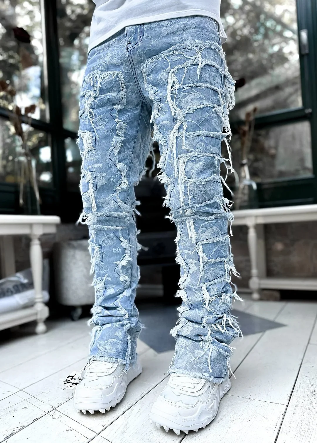 Color: GRAY, Size: L - Men's Regular Fit Stacked Jeans Ripped Slim Fit Patch Distressed Destroyed Straight Denim Pants Hip Hop Streetwear Trouser Cloth