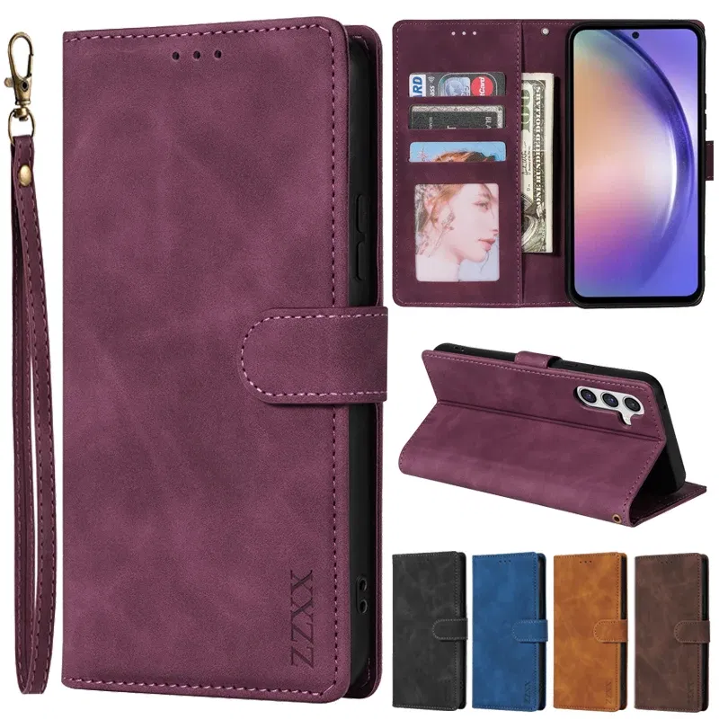 Color: Brown, Bundle: Case & Strap, Material: Denim - Wallet Card Slot Holder Magnetic Flip Leather Case For Samsung Galaxy S23 Ultra S22 Plus S21 FE S20 A12 A13 A14 A34 A52 A53 A54