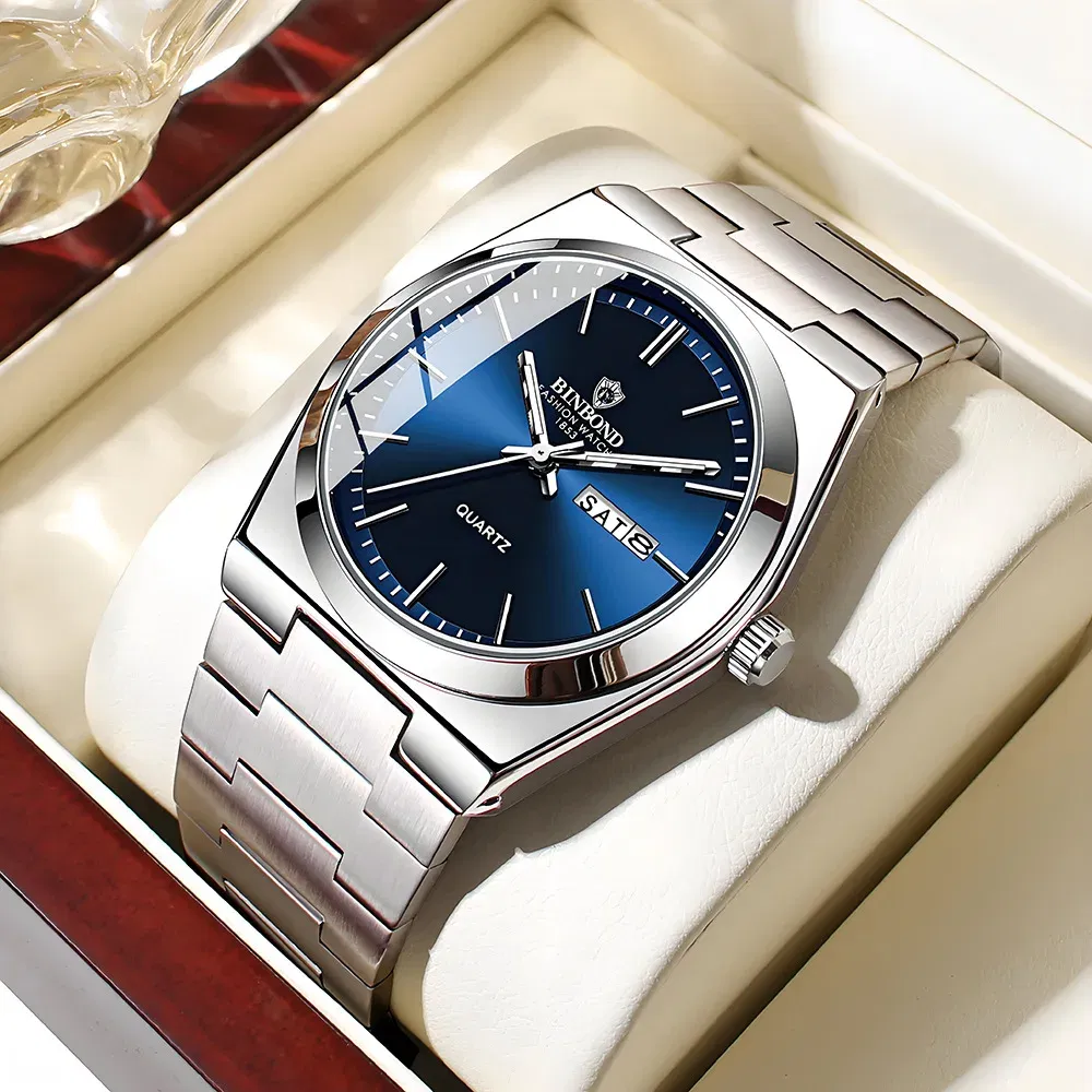 Color: Rose - UTHAI Men Watch Light Luxury Brand Stainless Steel Double Calendar Waterproof Male Business Leisure Fashion Quartz Clock Watches