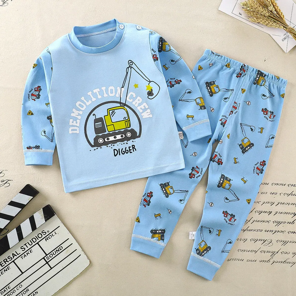 Color: SKY BLUE, Kid Size: 9M - Children Kids Clothes Sets  Boys Girls Suit Pajamas Clothinng Pants Cartoon Autumn Winter Sleepwear Outfits