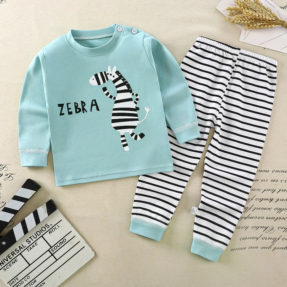Color: SKY BLUE, Kid Size: 9M - Children Kids Clothes Sets  Boys Girls Suit Pajamas Clothinng Pants Cartoon Autumn Winter Sleepwear Outfits
