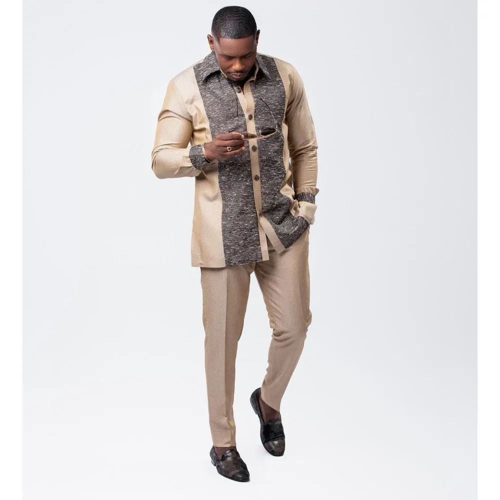 Color: Yellow, Size: XL - 2025 new traditional men's suit luxury gentleman's shirt suit casual travel banquet men's two-piece set fashionable men's suit