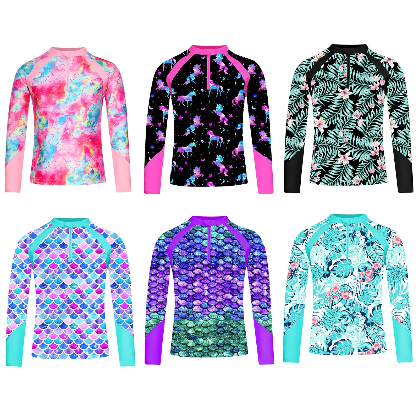 Color: Gold, Kid Size: 24M - Girls Swim Top Floral Printed Rash Guard T Shirt Long Sleeve Mermaid Costume Swimwear Beachwear UPF 50+ Surfing Bathing Tops