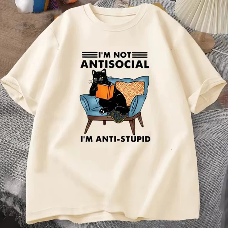 Color: Khaki, Size: M - funny cat reading book T-Shirts Graphic Tees Cotton Mens Clothing O Neck Meme Short Sleeve Tees Harajuku Fashion Womens Oversize