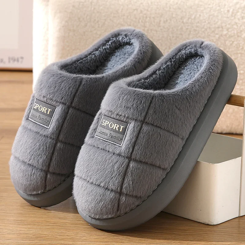 Color: Beige, Shoe Size: 46-47 - New Fashion Winter Slippers Women Men Thick Sole Indoor Home Warm Couples Shoes Non Slip Flat Platform Cotton House Shoes