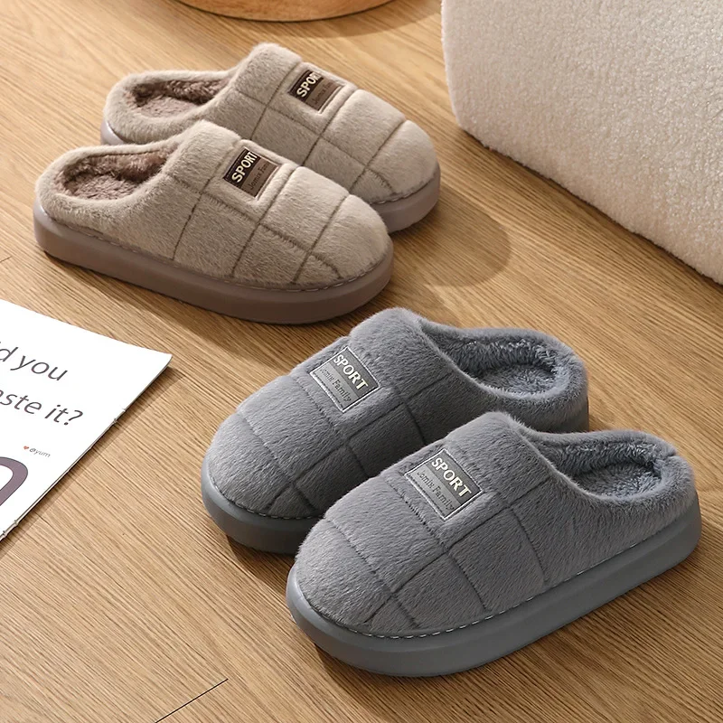 Color: Beige, Shoe Size: 46-47 - New Fashion Winter Slippers Women Men Thick Sole Indoor Home Warm Couples Shoes Non Slip Flat Platform Cotton House Shoes