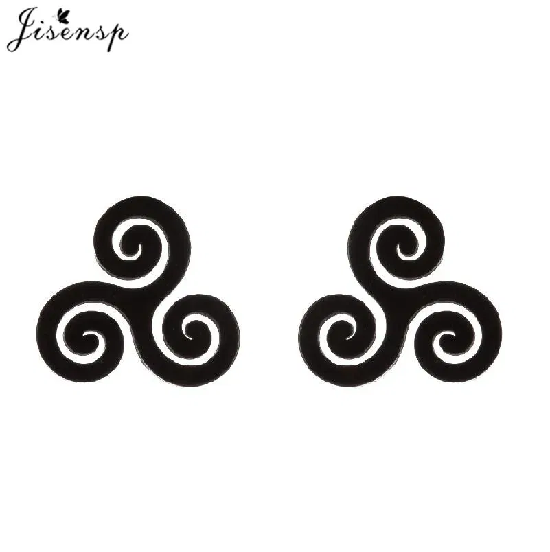 Metal Color: BRASS PLATED, Main Stone Color: Red - Cartoon The Movie Teen Wolf Triskele Triskelion Inspired Earrings Punk Stainless Steel Jewelry Triple Spiral Ear Studs Women Men
