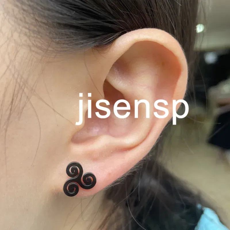 Metal Color: BRASS PLATED, Main Stone Color: Red - Cartoon The Movie Teen Wolf Triskele Triskelion Inspired Earrings Punk Stainless Steel Jewelry Triple Spiral Ear Studs Women Men