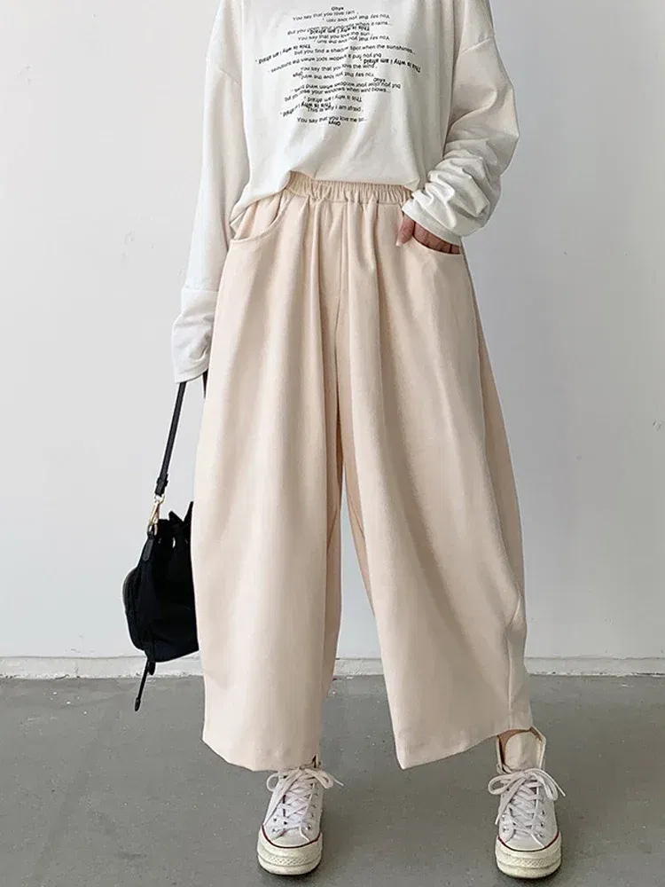 Color: Beige, Size: XL - 2023 Autumn Casual Harem Pants Women Cotton High Waisted Trousers Retro Loose Bloomers Women's Oversize Pants Baggy Sweatpants