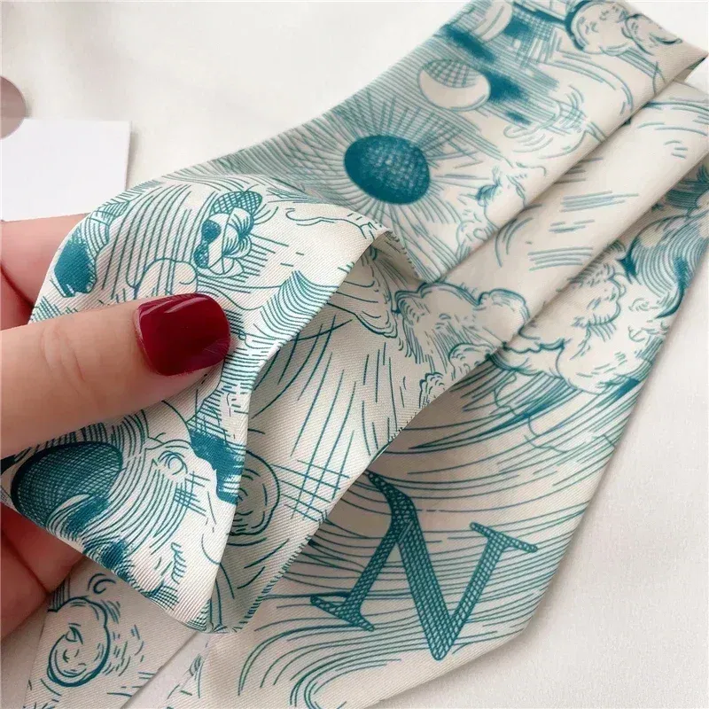 Color: green, Size: XXS - Fashion Skinny Scarf Women Luxury letter Printing Tie Bag Handle Ribbon Hair Band Women's Headscarf New Lady Design Silk Scarves