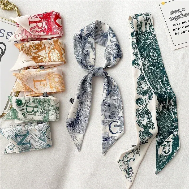 Color: green, Size: XXS - Fashion Skinny Scarf Women Luxury letter Printing Tie Bag Handle Ribbon Hair Band Women's Headscarf New Lady Design Silk Scarves