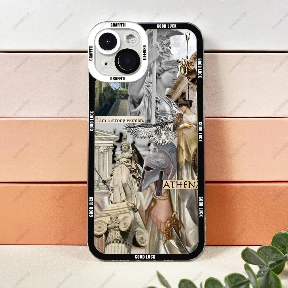 Color: Dark Grey, Material: POLYESTER - Aesthetic Statue Art Phone Case For iPhone 16 15 14 13 12 11 Pro Max XS X XR Plus Mini Luxury Transparent Soft Funda