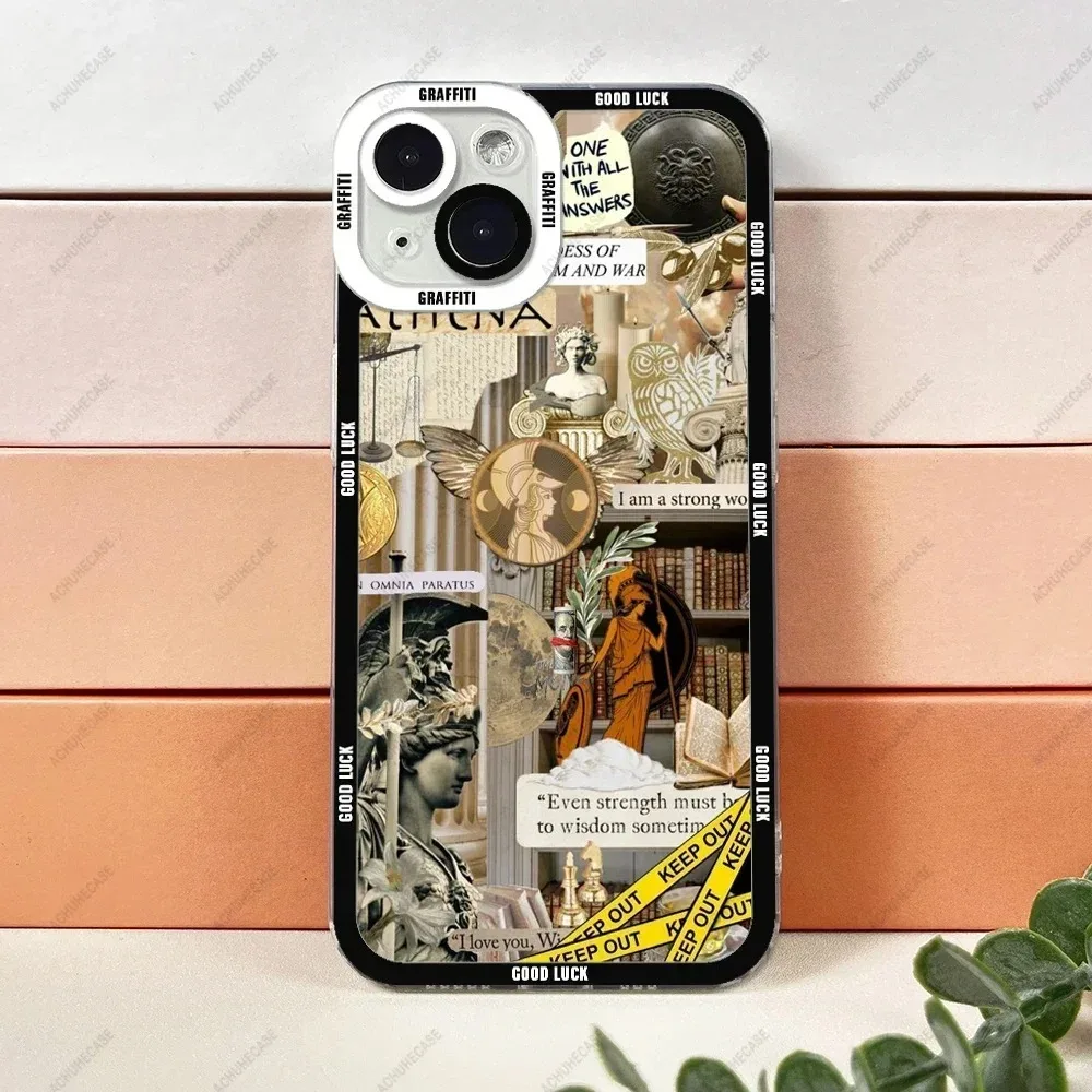 Color: Dark Grey, Material: POLYESTER - Aesthetic Statue Art Phone Case For iPhone 16 15 14 13 12 11 Pro Max XS X XR Plus Mini Luxury Transparent Soft Funda