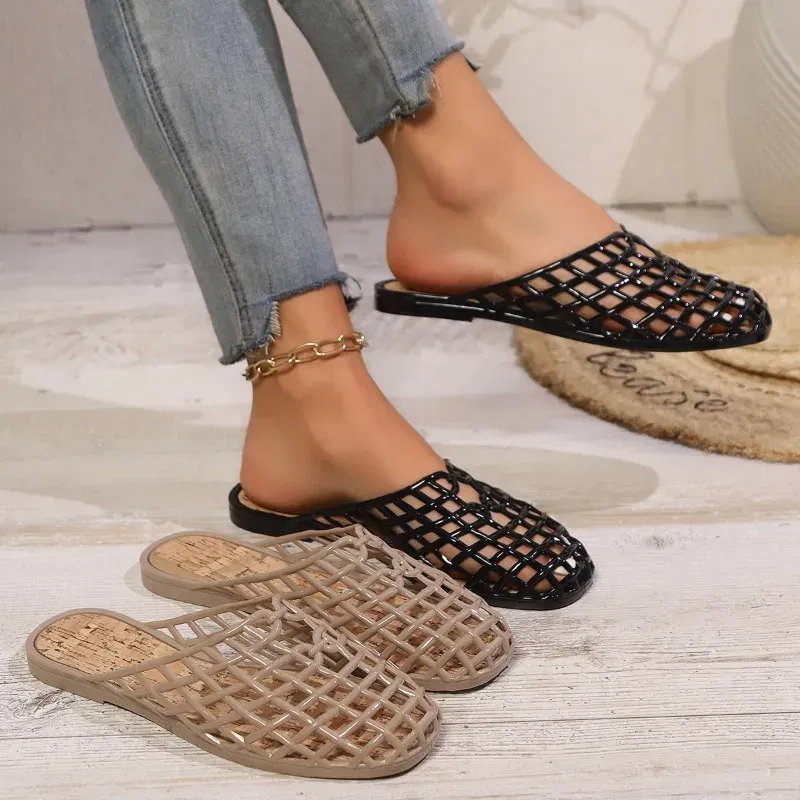 Color: Khaki, Shoe Size: 38 - Women's Shoes 2025 Summer New Mesh Woven Hollowed-out Breathable Head Slippers for Women's Toe Wedge Sandals Zapatos De Mujer