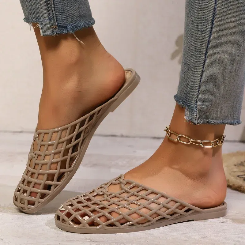 Color: Khaki, Shoe Size: 38 - Women's Shoes 2025 Summer New Mesh Woven Hollowed-out Breathable Head Slippers for Women's Toe Wedge Sandals Zapatos De Mujer
