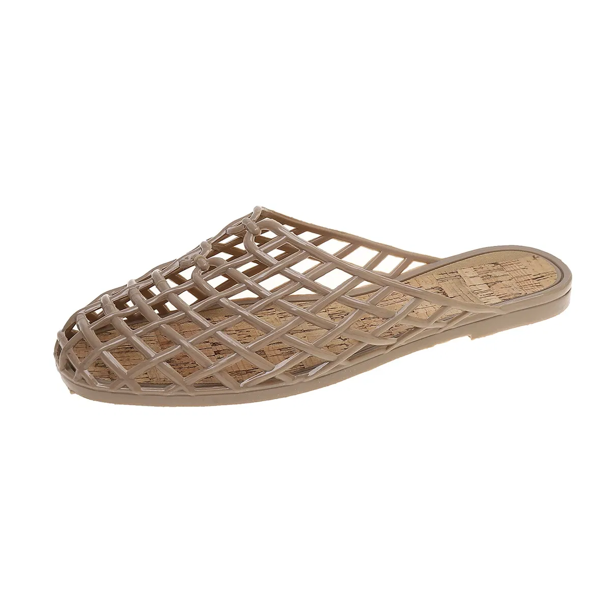 Color: Khaki, Shoe Size: 38 - Women's Shoes 2025 Summer New Mesh Woven Hollowed-out Breathable Head Slippers for Women's Toe Wedge Sandals Zapatos De Mujer