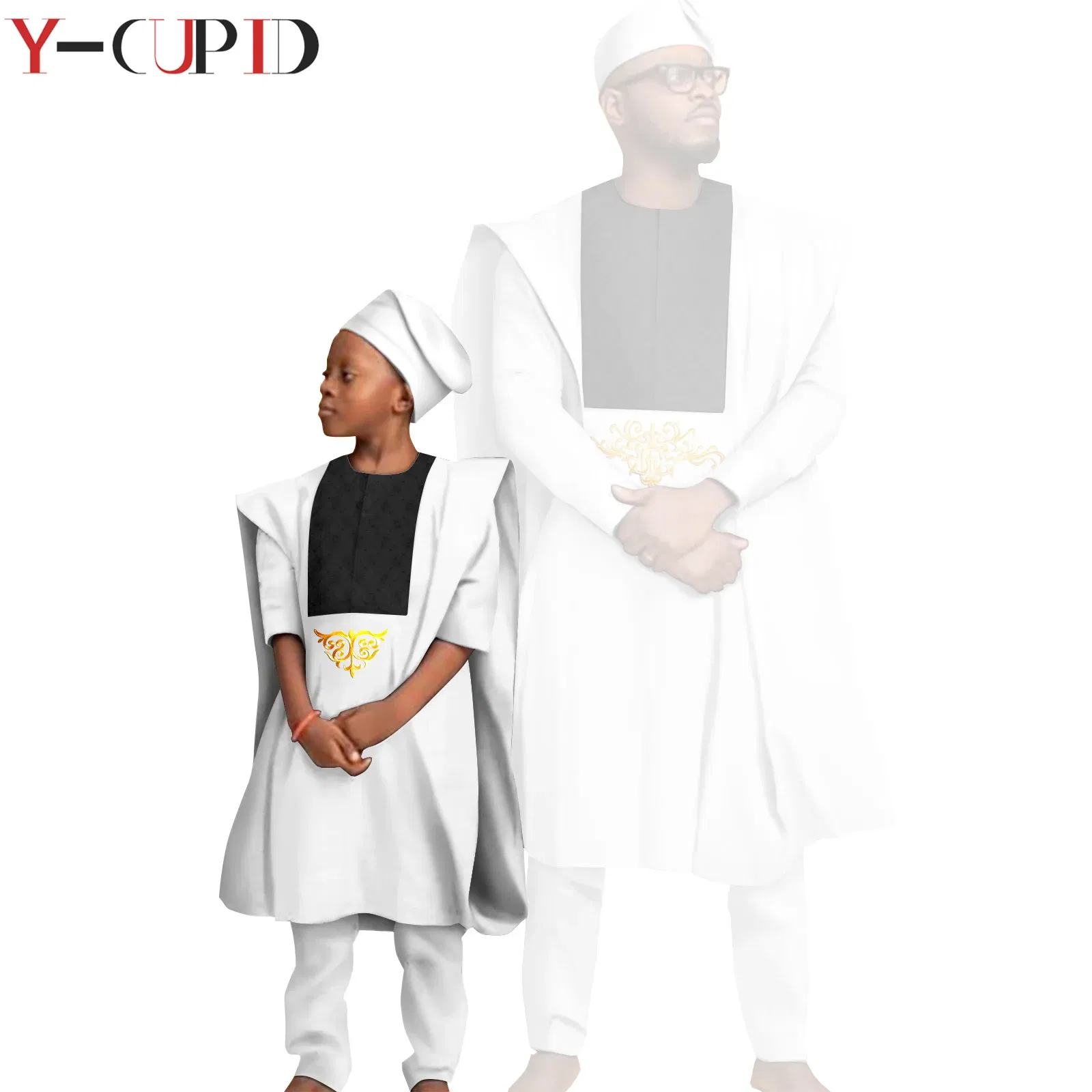 Color: Silver, Size: Mother 3XL - African Clothes for Men Top Pants Robes Hat Sets Match Kid Boy Sets Dashiki Father and Son Bazin Riche Family Outfits Y20F001