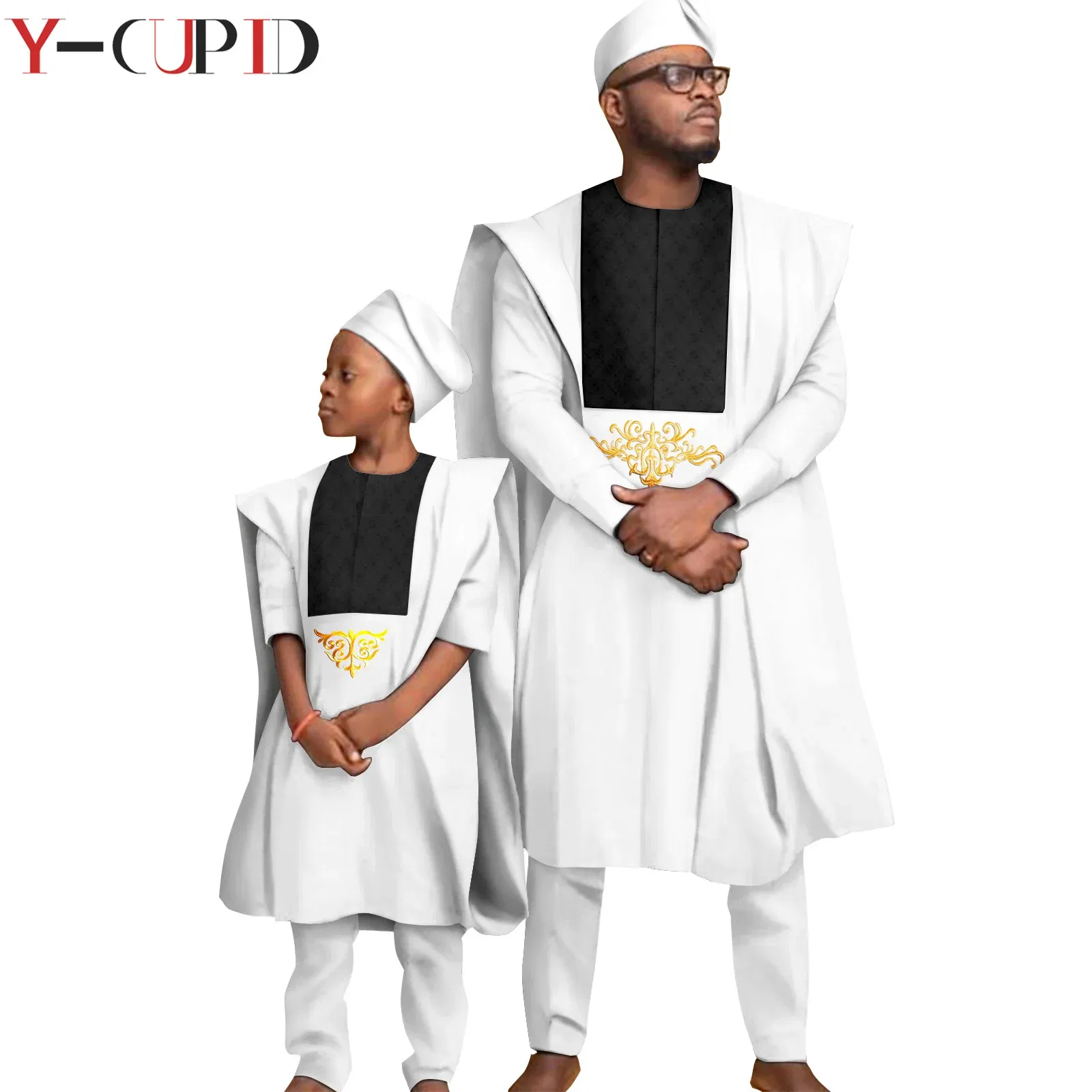 Color: Silver, Size: Mother 3XL - African Clothes for Men Top Pants Robes Hat Sets Match Kid Boy Sets Dashiki Father and Son Bazin Riche Family Outfits Y20F001