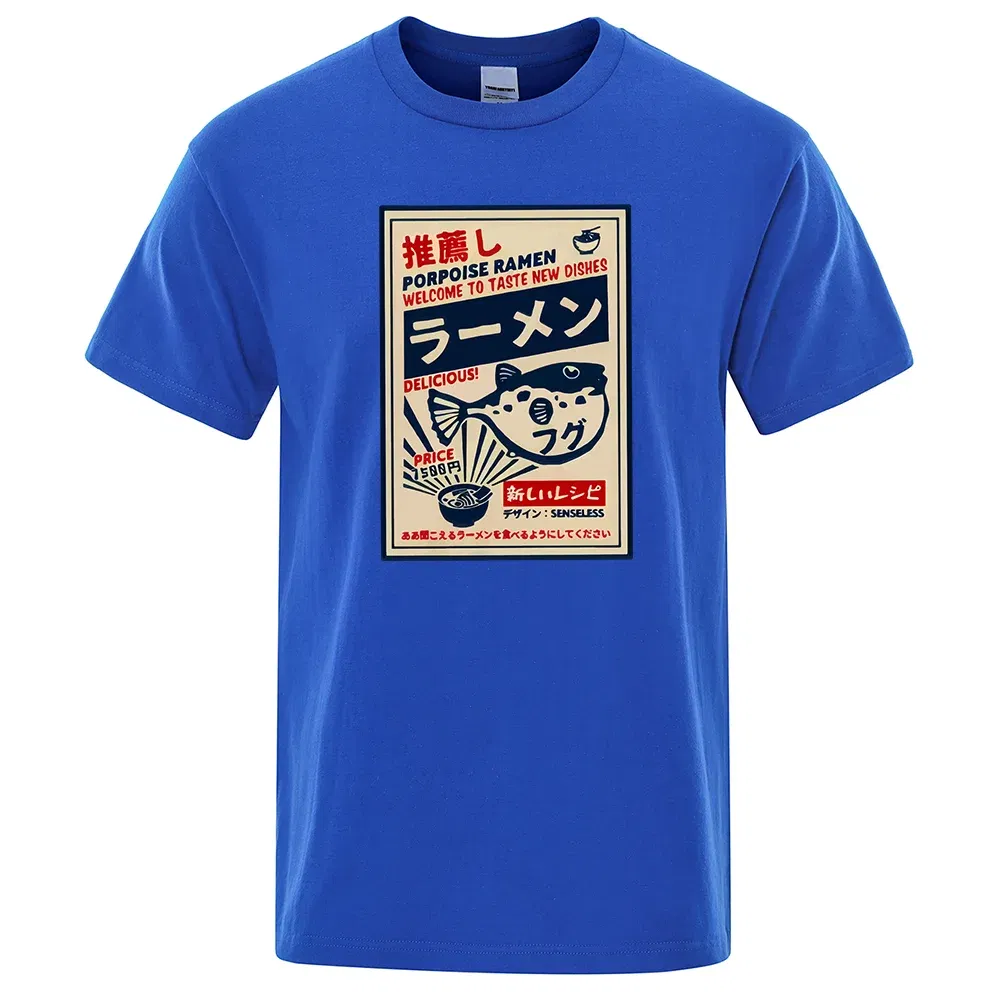 Color: SKY BLUE, Size: M - Puffer Fish Ramen Japanese Menu Poster Tshirt Men Funny Fashion Tee Clothes Comfortable Oversize T Shirt Casual Cotton T-Shirts