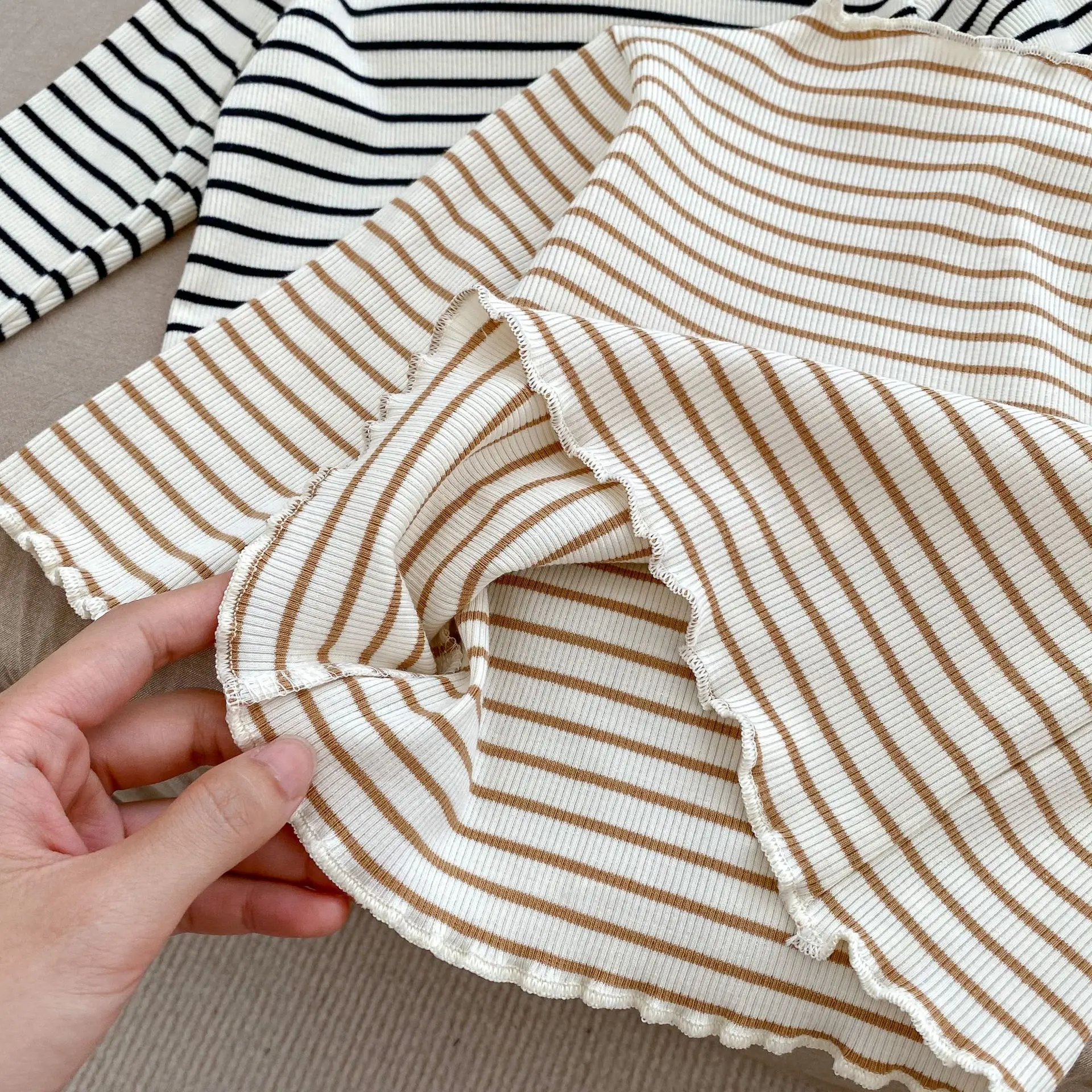 Color: Beige, Kid Size: 9M - New Baby Long Sleeve T Shirt Girls Cotton Casual Tees Infant Ruffled Versatile Shirts Kids Floral Striped Bottoming Tops