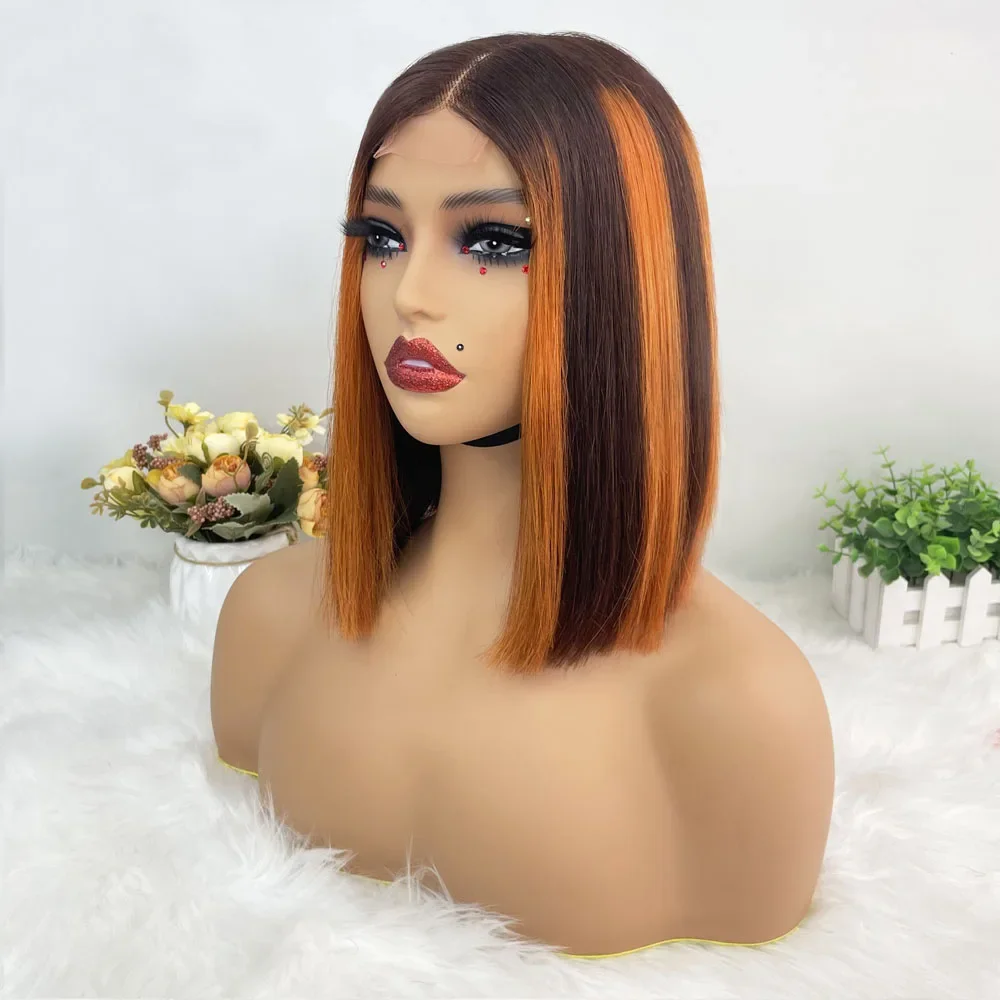 Hair Color: #10, Stretched Length: 8inches, Density: 100% - Vietname Super Double Drawn Straight Short Bob Wigs 2x6 Lace Closure Wig for Women 100% Human Hair Orange Candy Lace Closure Wig