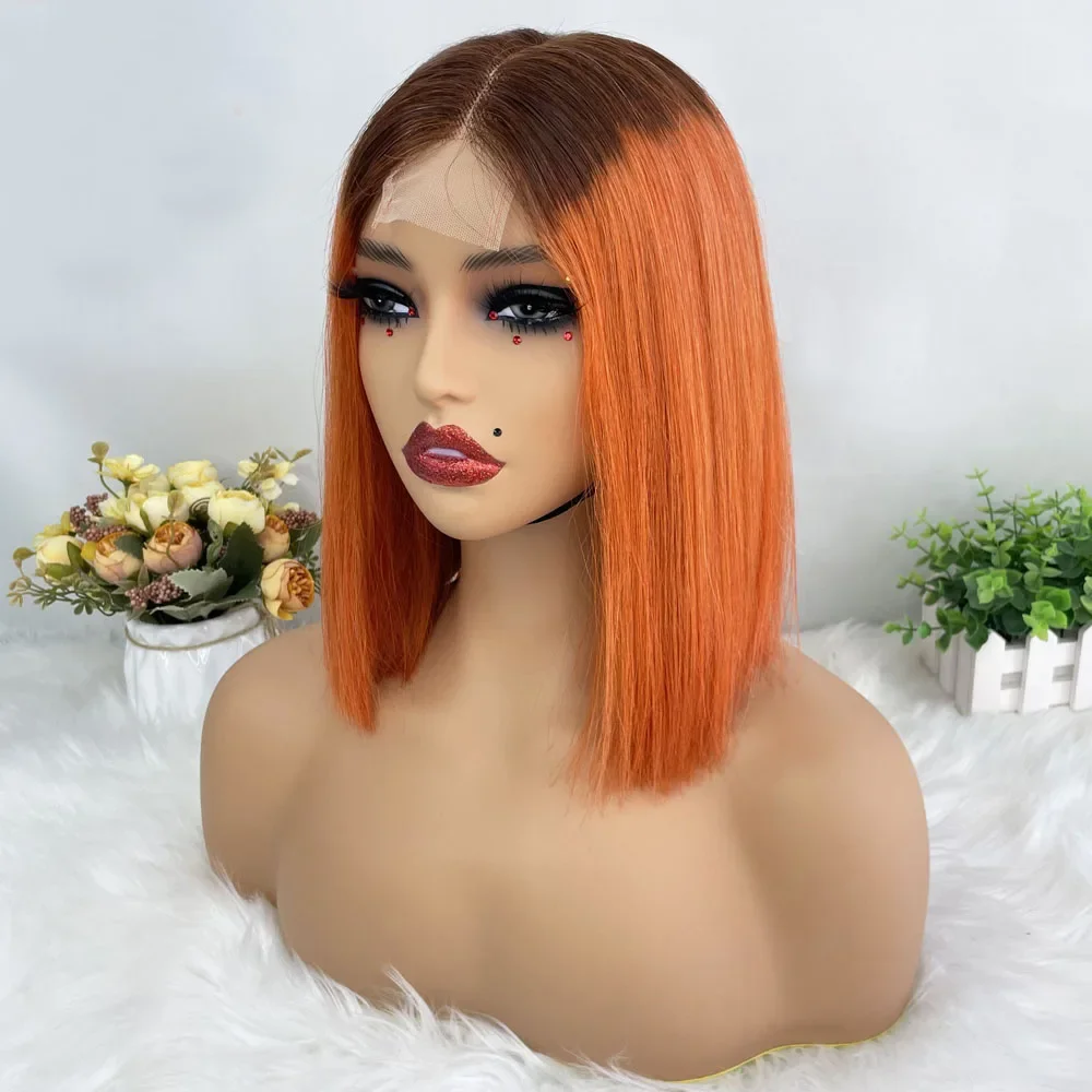 Hair Color: #10, Stretched Length: 8inches, Density: 100% - Vietname Super Double Drawn Straight Short Bob Wigs 2x6 Lace Closure Wig for Women 100% Human Hair Orange Candy Lace Closure Wig