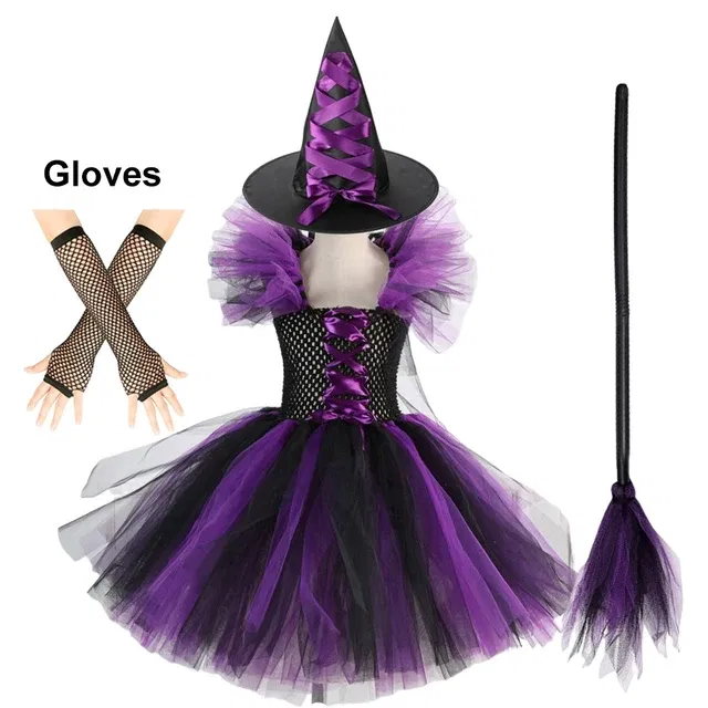 Color: WHITE, Kid Size: 9 - Halloween Witch Tutu Dress for Girls Handmade Mesh Bat Wizard Cosplay Costumes with Hat Broom Toddler Evil Party Clothes Set