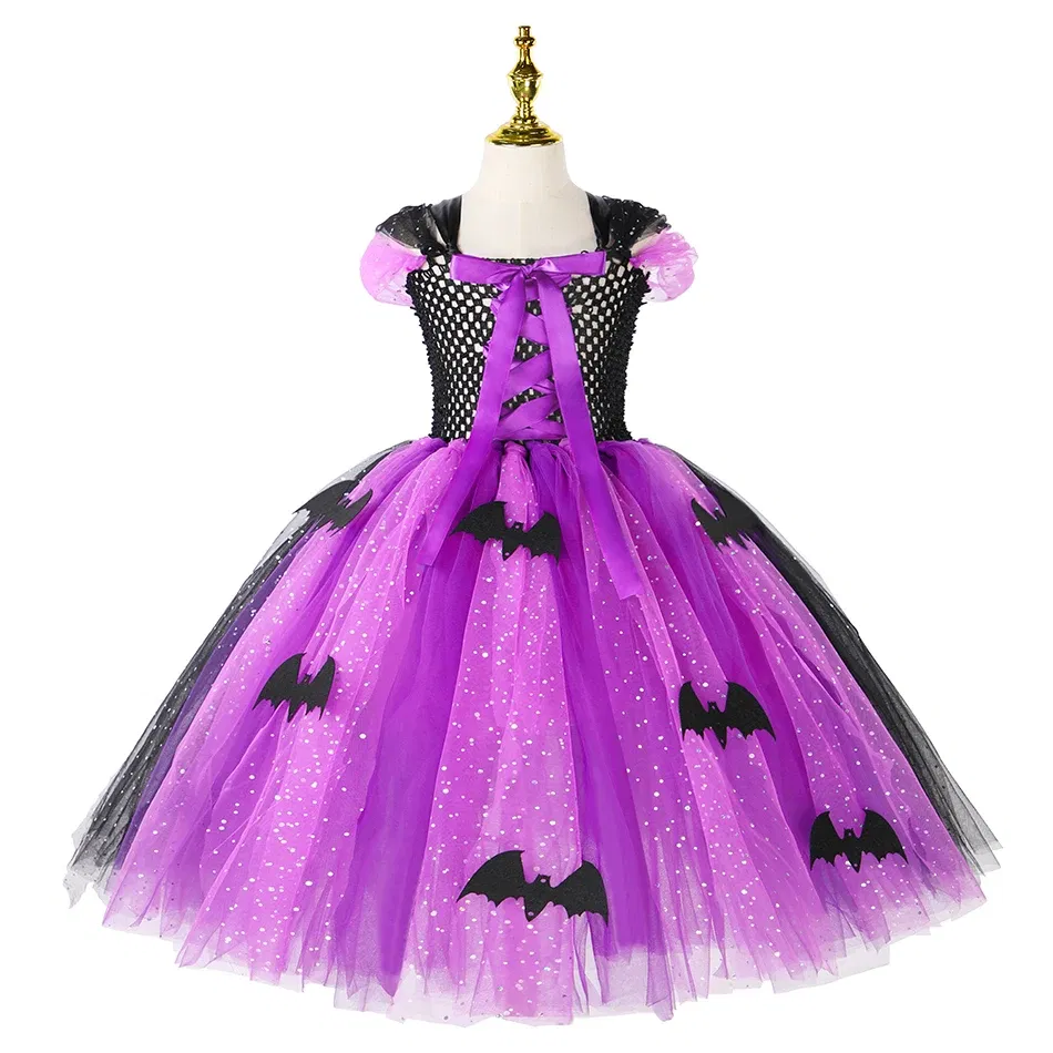 Color: WHITE, Kid Size: 9 - Halloween Witch Tutu Dress for Girls Handmade Mesh Bat Wizard Cosplay Costumes with Hat Broom Toddler Evil Party Clothes Set